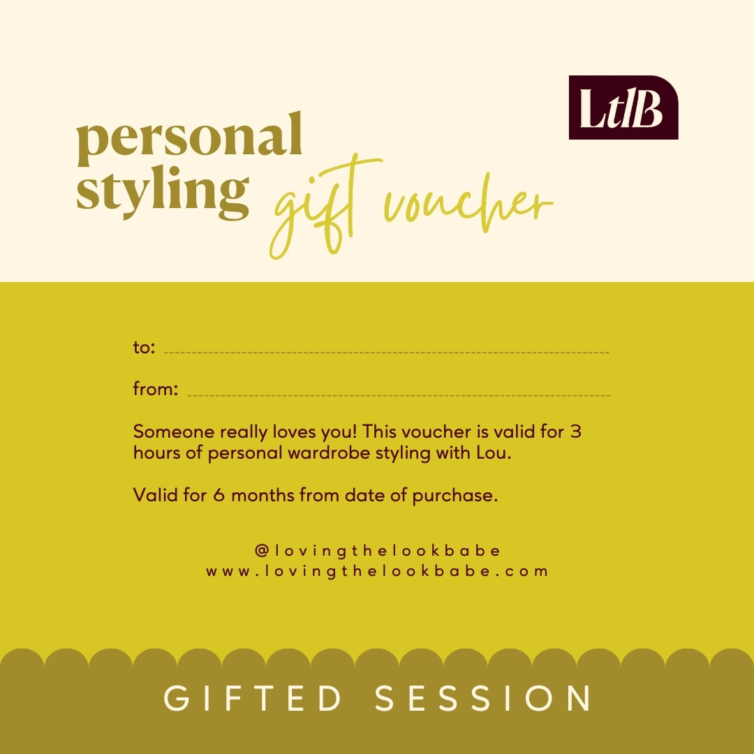 This personal styling gift voucher is the perfect self-care gift for your friend or family member. Someone really loves you! This voucher is valid for 3 hours of personal wardrobe styling with Lou from Loving the Look Babe. Valid for 6 months from date of purchase.
This is a gifted session.